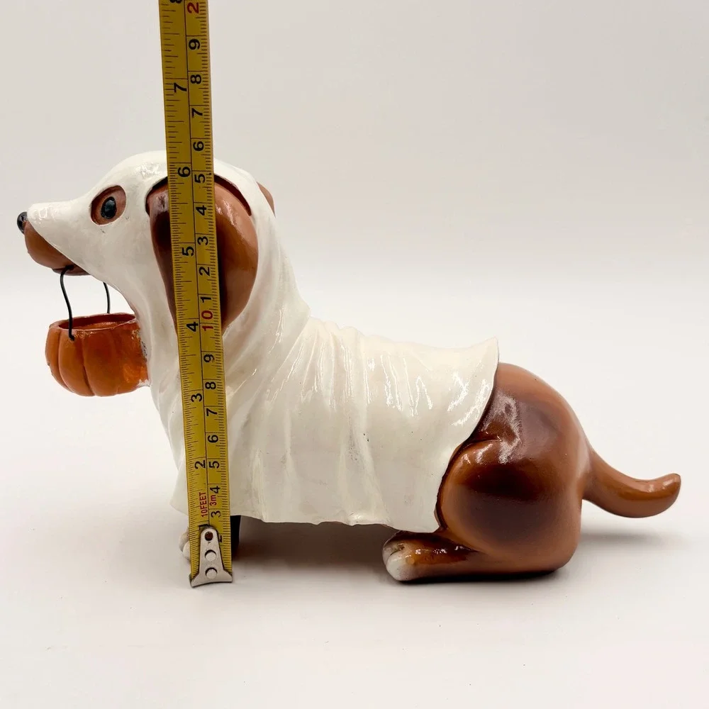 Halloween Dachshund Ghost Figurine Pumpkin Pail Wiener Dog Resin Decor Doxie